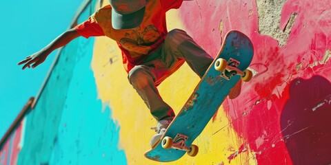 A child on a skateboard, bright bold colors