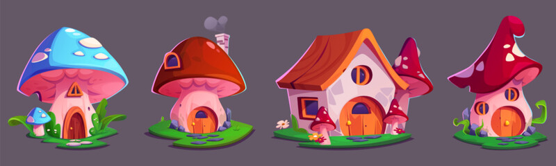 Fototapeta premium Fantasy fairytale gnome or animal mushroom house. Cartoon vector illustration set of magic forest or garden tiny home made from fungus with grass and flowers. Cute elf cottage with window and door