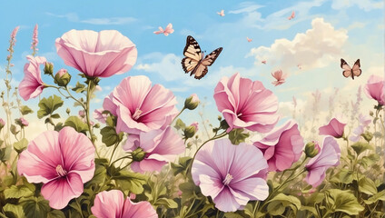 Field of Blooming Mallow Flowers, Butterflies Gliding in the Morning Light - an oil painting.