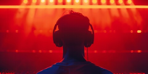 A young man wearing headphones stands in front of a stage, listening to music or a performance