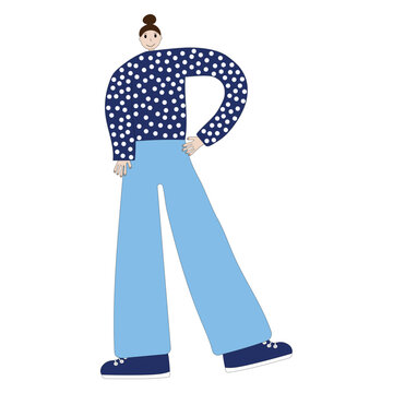 R person in the shape of the letter R, alphabet, font, girl in blue clothes