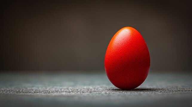   A red egg atop a table Nearby, a black-and-white image of an egg likewise perched