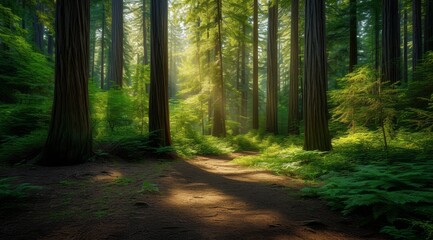   The sun penetrates the tall trees' canopy, illuminating a dense, green forest floor where a dirt path lies in the foreground