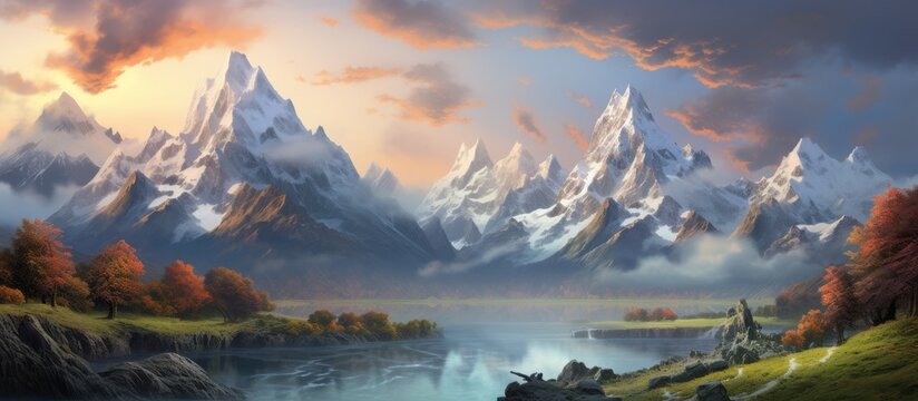Scenic view of a serene mountain landscape featuring a calm lake with a majestic mountain range in the distance
