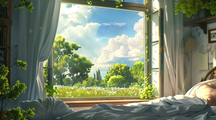 The bedroom features an unmade bed, scattered with covers and pillows, with an open window revealing a vibrant, sunlit day over a blooming, green field.