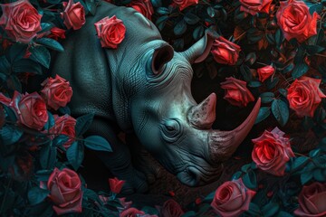   A rhinoceros is encircled by roses forming a rhino shape; its head sits at the center of the image