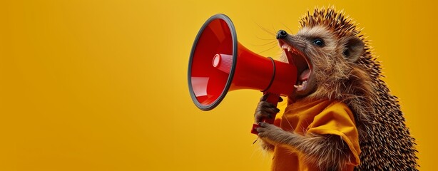 A creative depiction of a hedgehog shouting into a red megaphone against a yellow background. Concept for bold communication and unique marketing strategies.