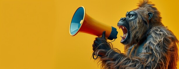 A stylized image of a gorilla yelling into a megaphone on a vibrant yellow background. Concept of powerful communication and attention-grabbing advertisement. - obrazy, fototapety, plakaty
