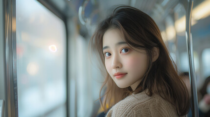 Fototapeta premium Embarking on her daily commute via Seoul's subway, a Korean woman displays serene determination amidst the bustling city life outside, encapsulating the essence of urban living.