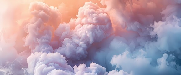 Azure clouds of smoke floating amidst a dreamy tapestry of soft peach and muted lavender. - obrazy, fototapety, plakaty