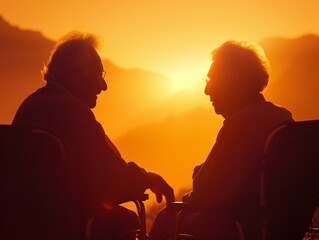 AI generated image of happy senior couple in love enjoying sunset, Golden years embrace: Elderly couple's silhouettes radiate love and affection against a sunset backdrop