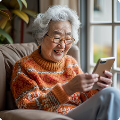 A cheerful senior lady comfortably seated on her living room recliner happily rating a gardening app on her tablet