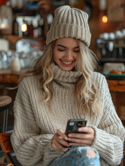 A cheerful young woman enthusiastically leaving a five-star review on a fashion shopping app her expression full of satisfaction as she types on her phone