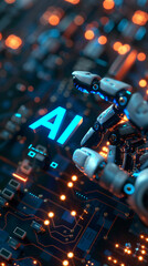 A close-up of an AI robot with sleek design pointing to the glowing "AI" word in neon blue