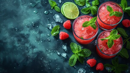   Three glassware pieces hold watermelon mojitos against a dark backdrop, garnished with fresh mint and juicy raspberries Dainty water droplets grace - obrazy, fototapety, plakaty