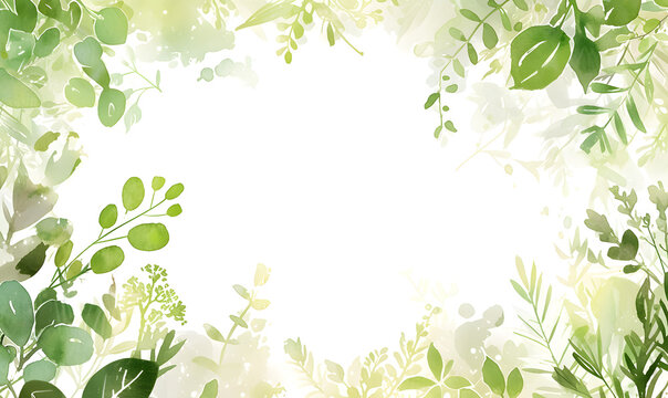 Green leaves as a frame with empty white background space for text, Generative AI