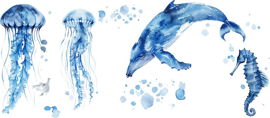 set of watercolor illustrations of jellyfish, humpback whale and seahorse in blue colors on white background