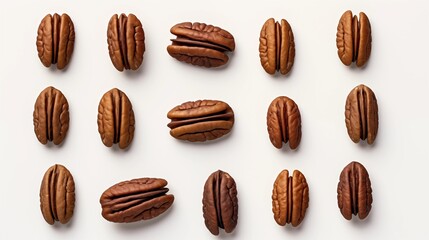 An arrangement of pecans on a white surface, captured from above to showcase their uneven, brown textures and distinctive, lobed shapes - obrazy, fototapety, plakaty