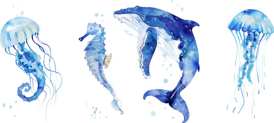 set of watercolor illustrations of jellyfish, humpback whale and seahorse in blue colors on white background