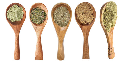 Various of Asian spices and herbs powder filled in wooden spoon isolated on transparent png background, ingredients for cooking concept.