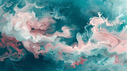 Blush pink tendrils creating mesmerizing patterns over a canvas of deep oceanic teal.
