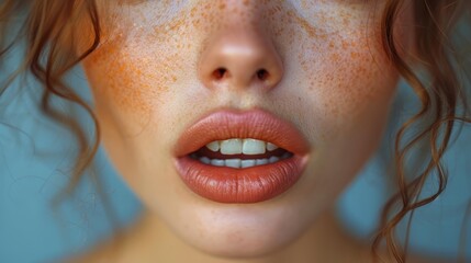   A close-up of a woman's face with freckled skin and makeup featuring freckles - obrazy, fototapety, plakaty