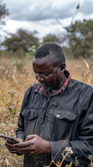 A Kenyan farmer utilizing a mobile app to connect with a horticultural expert for guidance on drought-resistant crops and water conservation methods in arid regions.