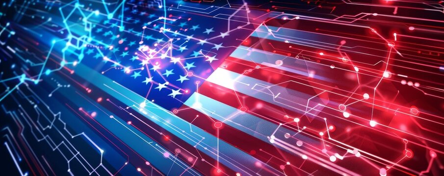 Election day concept. Abstract USA flag, futuristic technology with glowing circuits. Electronic voting (e-voting) concept