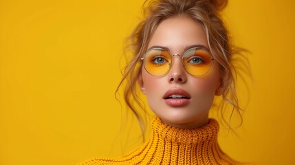   A woman wears a yellow turtleneck sweater and yellow glasses, her hair in a single ponytail - obrazy, fototapety, plakaty