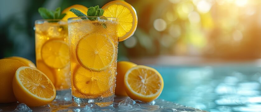   A tight shot of a glass holding water, adorned with sliced lemons and sprigs of mint, sits on a nearby table beside an inviting swimming pool