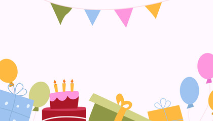 Happy Birthday Background. Day Celebration Decorations, Anniversary Cake, Gift Boxes, Festive Presents, Balloons. Flat Vector Illustration.