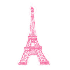 Fototapeta na wymiar Eiffile Tower drawn in children's style with pencils, kids drawings