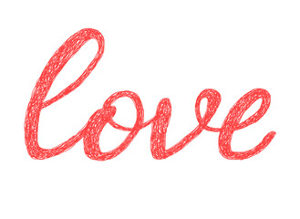 Love drawn in children's style with pencils, kids drawings lettering