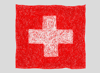 The Flag of Switzerland drawn in children's style with pencils, kids drawings, one line style