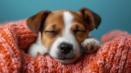   A small dog, brown and white, lies on a blanket on a pink wall Above it is another blanket, blue in color