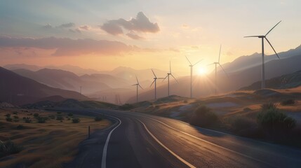 A curved country road winding between mountains with a sunset glow lined with windmills along the side of the road. Beautiful view of the Clean Energy Road.