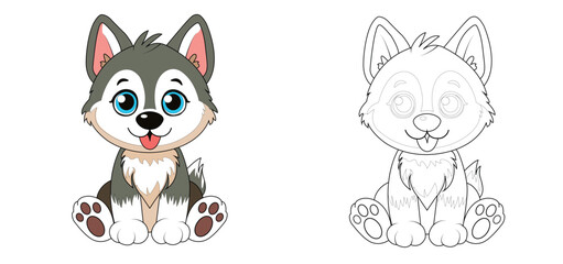 Colorful children's huskies in cartoon style. Black and white vector illustration for coloring books. Coloring book for children
