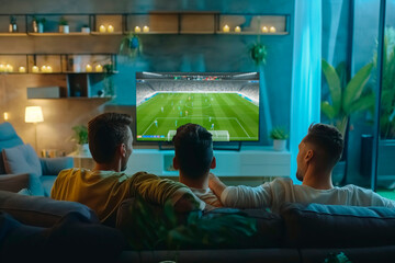Three caucasian male friends celebrate watching TV looking happy at soccer games at home in living room - 774664754