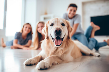 Portrait of cute dog lying on the floor on background blurred of family of four having rest at home - 774664770