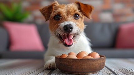   A brown-and-white dog sits before a wooden table, holding a bowl of eggs The scene is completed by a nearby couch