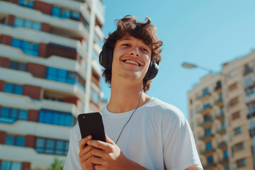 Happy young man holding mobile phone enjoying music listening through wireless headphones on the city - 774664779