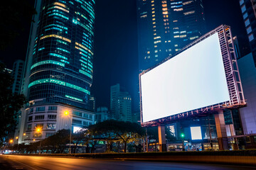 Street white advertising billboard background cityscape, side view at night time