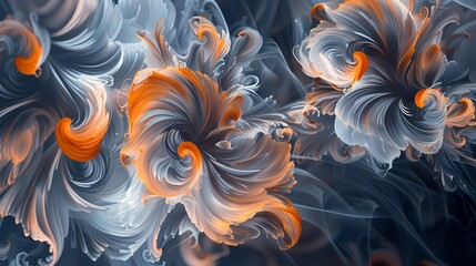Apricot plumes swirling in harmony with a backdrop of midnight blue and celestial silver.