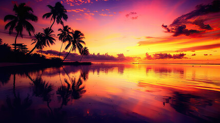 Fototapeta na wymiar Vivid beach sunset palm trees silhouettes and reflections pink orange purple sky