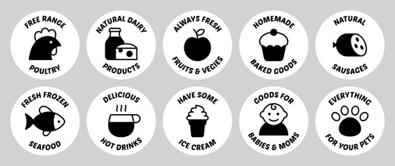 Grocery food icon set. Retail store product badges, stickers. Modern supermarket illustration stickers. Shop department signs such as fruit, dairy, fish, chicken, coffee, ice cream, bakery, pet, baby