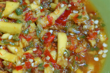 Mango Sambal (a Spicy Mango Relish). Usually eaten together with rice during lunch or dinner.