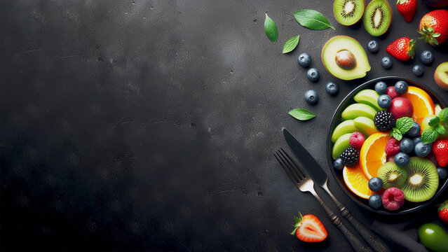 mixed healthy fruits with knife and fork, on the black table background