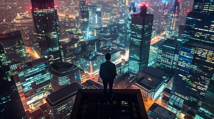 Businessman stands tall on a skyscraper, looking over a nighttime cityscape. Urban dreamscape, high view, reflective moment in solitude. AI - obrazy, fototapety, plakaty