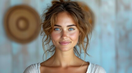   A tight shot of a woman with blue eyes and an unkempt top knot in her hair, beaming at the camera - obrazy, fototapety, plakaty