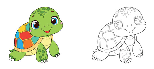 Colorful children's turtle in cartoon style. Black and white vector illustration for coloring books. Coloring book for children.
